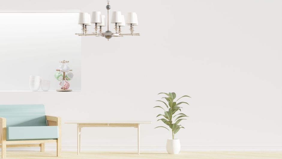 Bright minimalist living room with modern furniture, chandelier, and decorative plant.